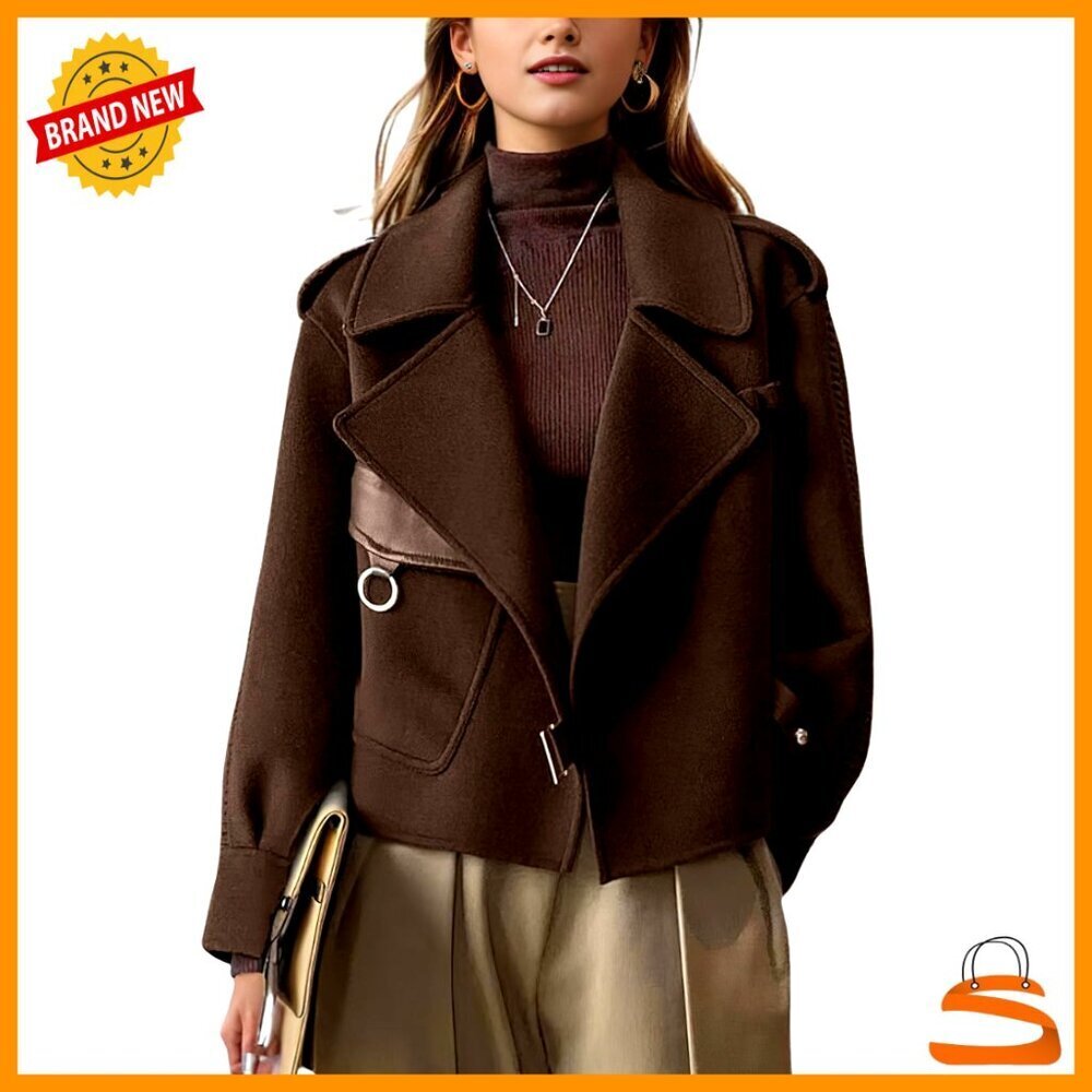 Wool Blend Blazer Jacket Business Casual Open Front Loose Fit Cropped